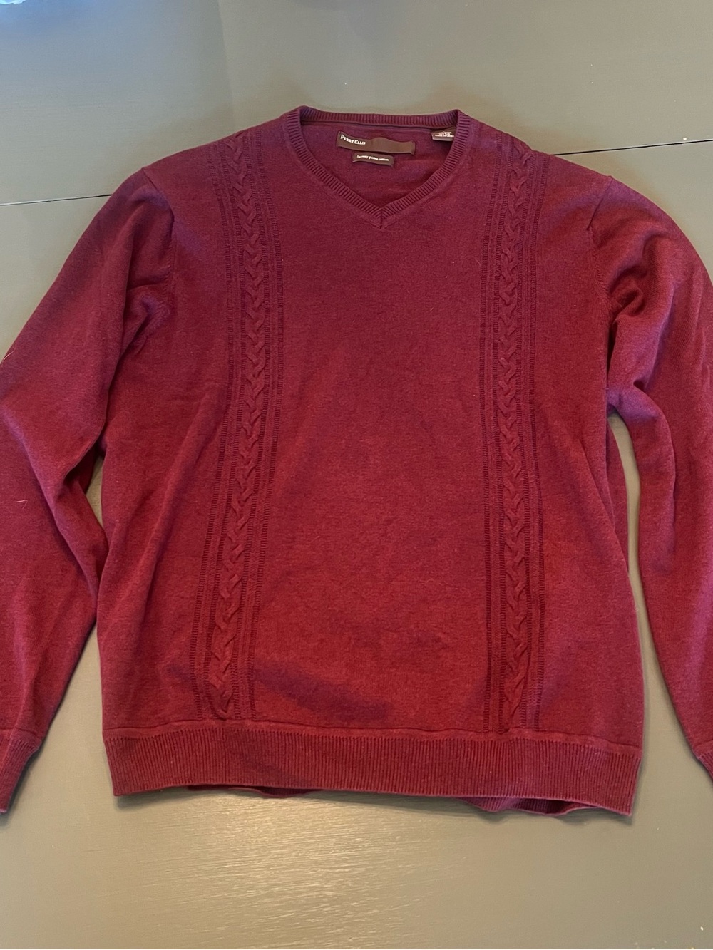Perry Ellis Men's V-Neck Cable Knit Sweater - Wine